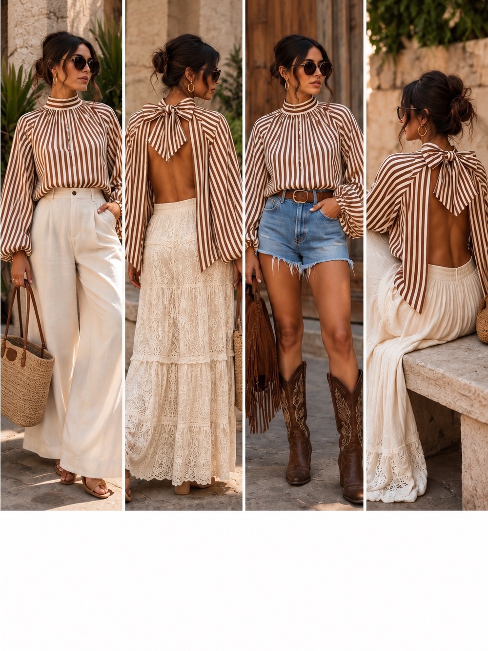 Striped Open-Back Tie-Neck Blouse in Brown and White